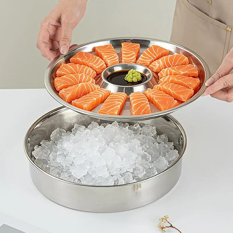 Stainless Steel Sashimi Ice Plate Round with Dipping Dish Odorless Seafood Sushi Serving Tray for Home Weekend Dinner Parties view 2