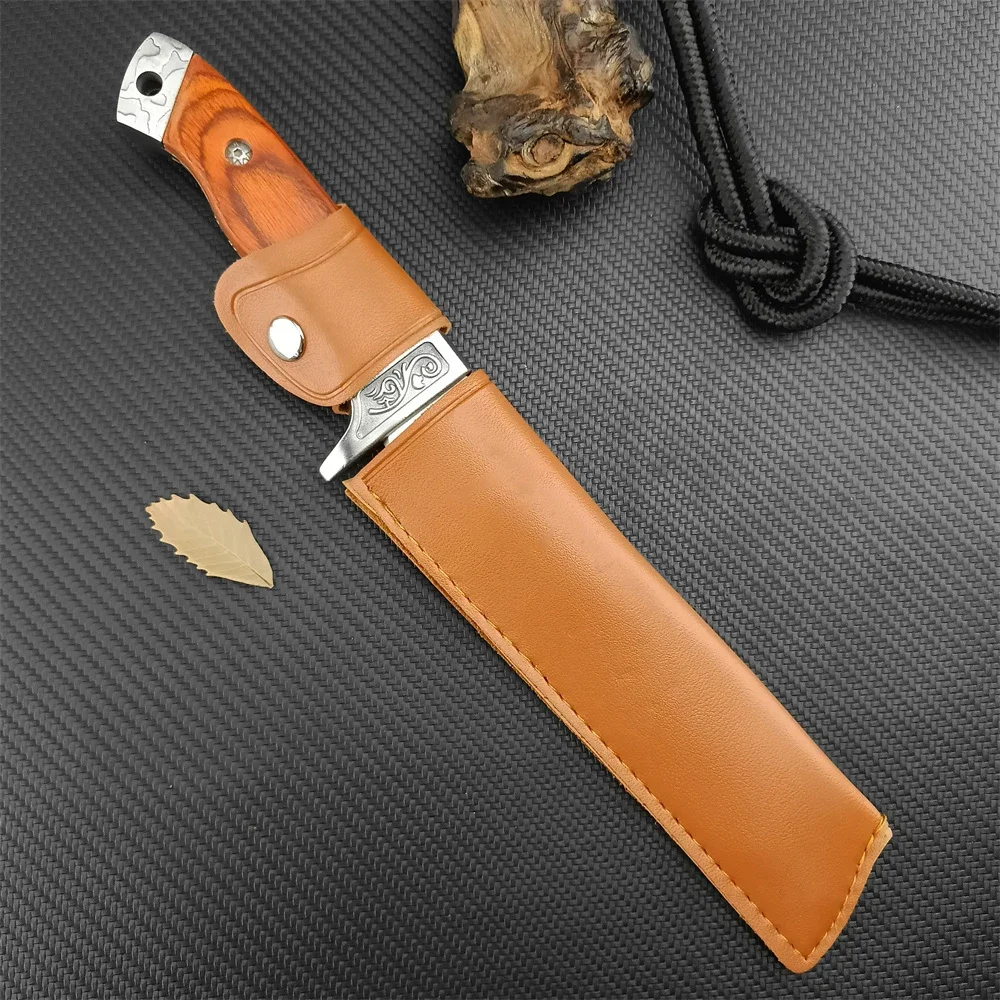 Logging Fixed Blade 440C Steel Knife Color Wood Handle Full Tang Bush Hunting Knife with Leather Sheath Combat Rescue Tool