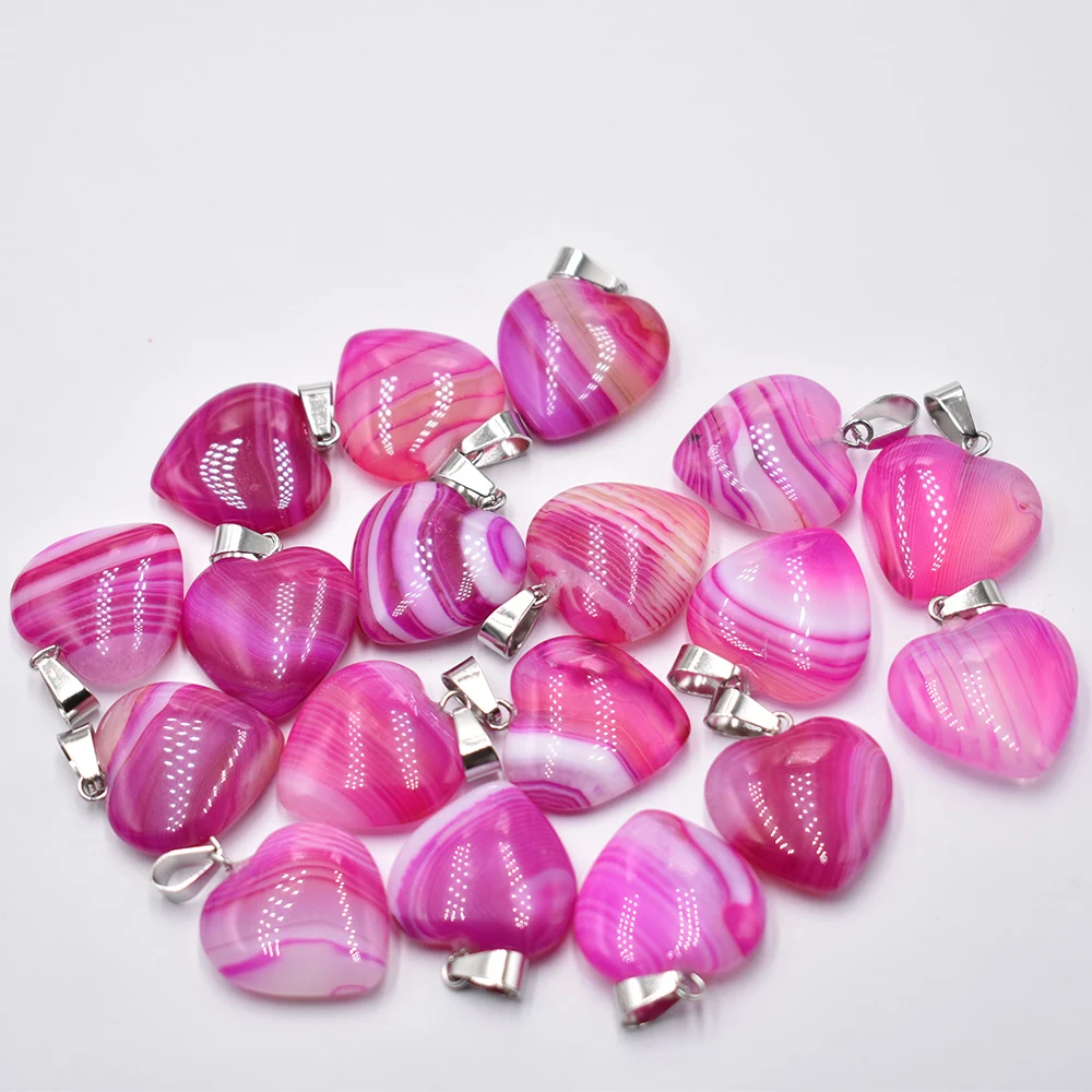 Wholesale 50pcs/lot Fashion Assorted 20mm heart natural stone Striped agate charms pendants for jewelry making Ffee shipping