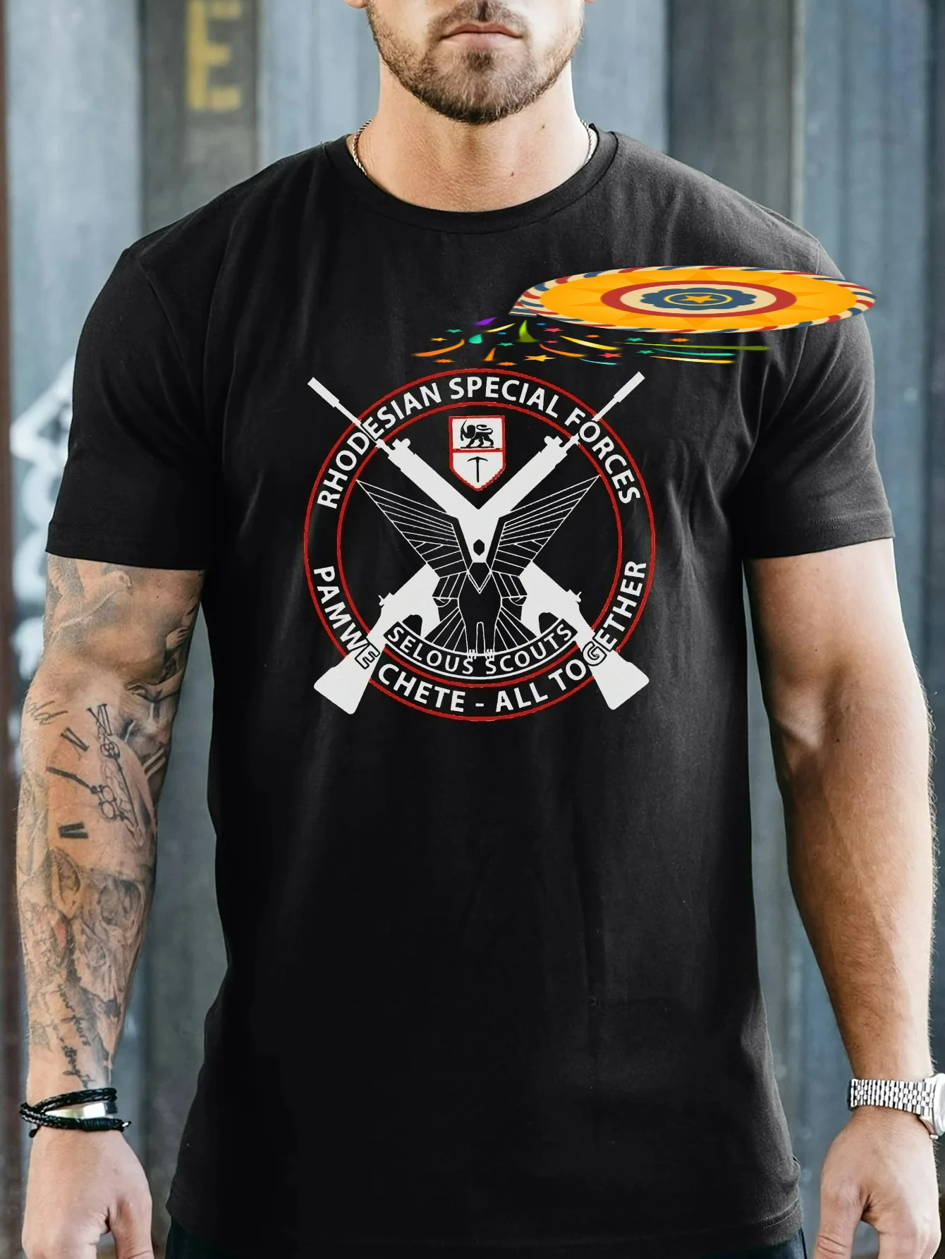 Camiseta estampada para hombre de manga corta y cuello redondo, 100% algodón, diseño inspirado en el patrón del ejército rodesiano de los Selous Scouts.