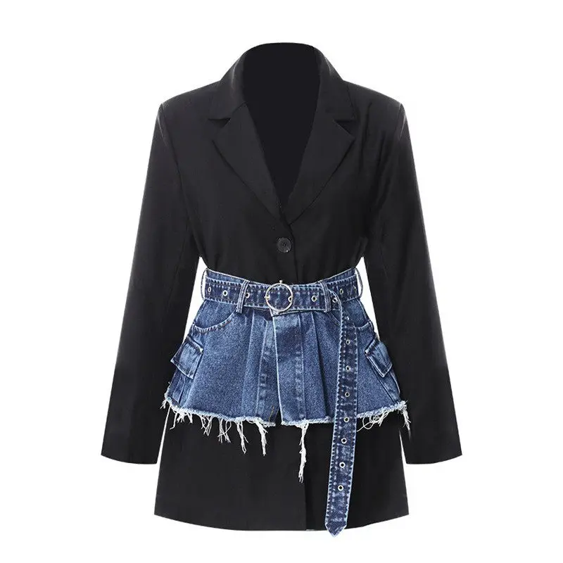 Spring Autumn Two Piece Set Suit Coat and Denim Waist Cover Fashion Slimming Fit 2-piece 2026 New Women's Suit Coat Cowboy Belt