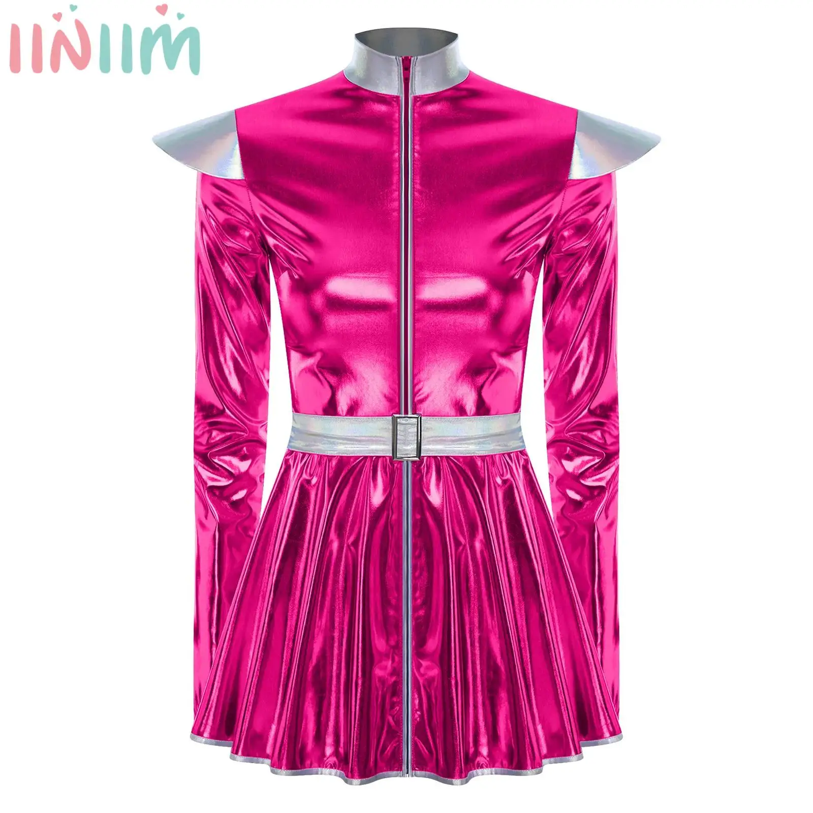 

Halloween Alien Costume Outer Space Robot Cosplay Party Dress for Women Long Sleeves Shiny Metallic with Belt Festival Dress Up