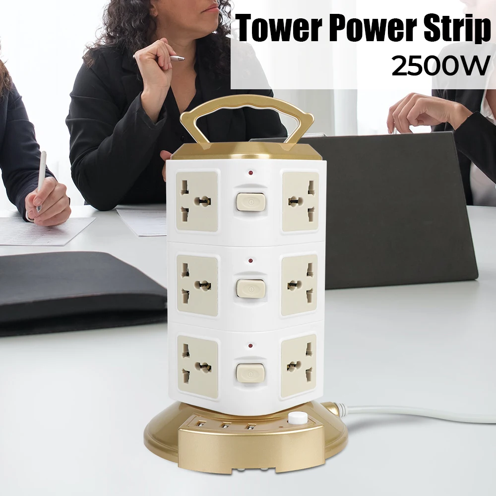 

Overload Protector 12 Way Outlets EU US UK AU Universal Socket EU Plug Tower Multi Power Strip Vertical 2500W With 3 USB