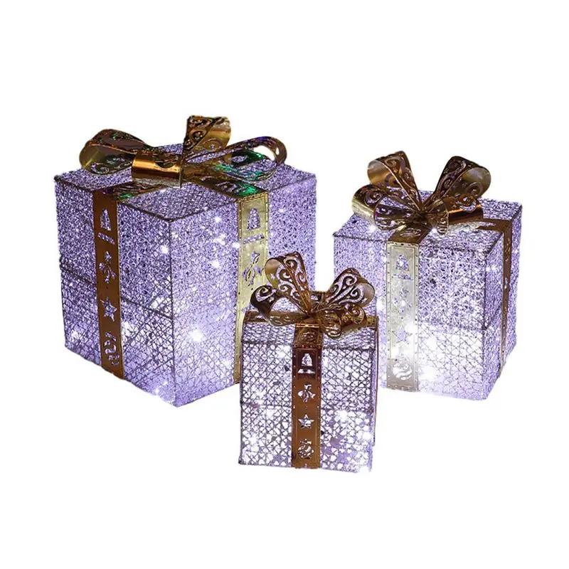 

Рождественские украшения, подарочная коробка, набор из трех предметов, ворсовые украшения, железная подарочная коробка, светящиеся рождественские принадлежности, макет сцены-ABGL