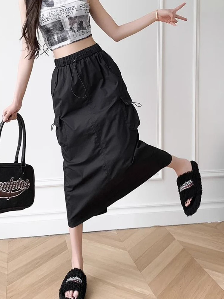 Jupe longue Cargo américaine Y2k pour femmes, taille haute, rétro, fente au dos, décontractée, Streetwear, ample, Harajuku, jupes trapèze
