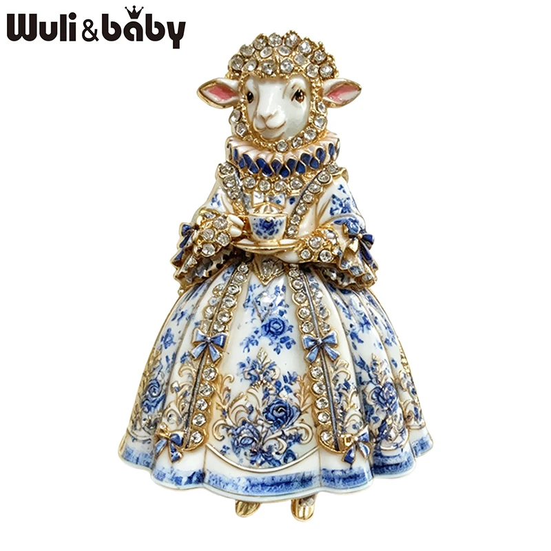 Wuli&baby Blue-and-white Porcelain Design Goat Brooches For Women Men Charming Year Of the Goat Sheep Animal Brooch Pins Gifts