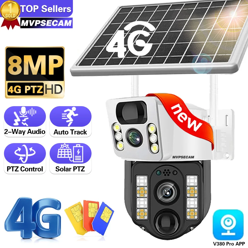 

4K 8MP Dual Lens V380 Pro 4G SIM Card Solar Battery PTZ Outdoor Wireless Bidirectional Call Security CCTV Auto Tracking Camera