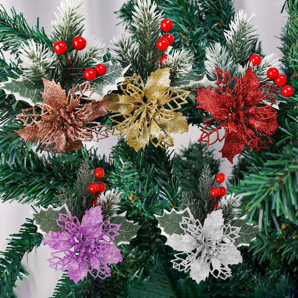 10/5/1Pcs Christmas Glitter Poinsettia Flowers Christmas Tree Artificial Ornaments Flowers with Clips Wedding Party Wreath Decor