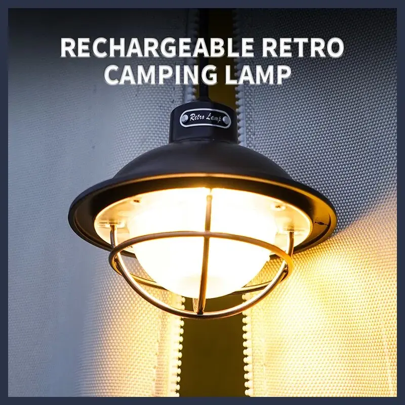 Retro Portable Camping Lantern Rechargeable Light Hanging Camp Lamp Outdoor Light Household 3 Modes Dimmable Flashlight