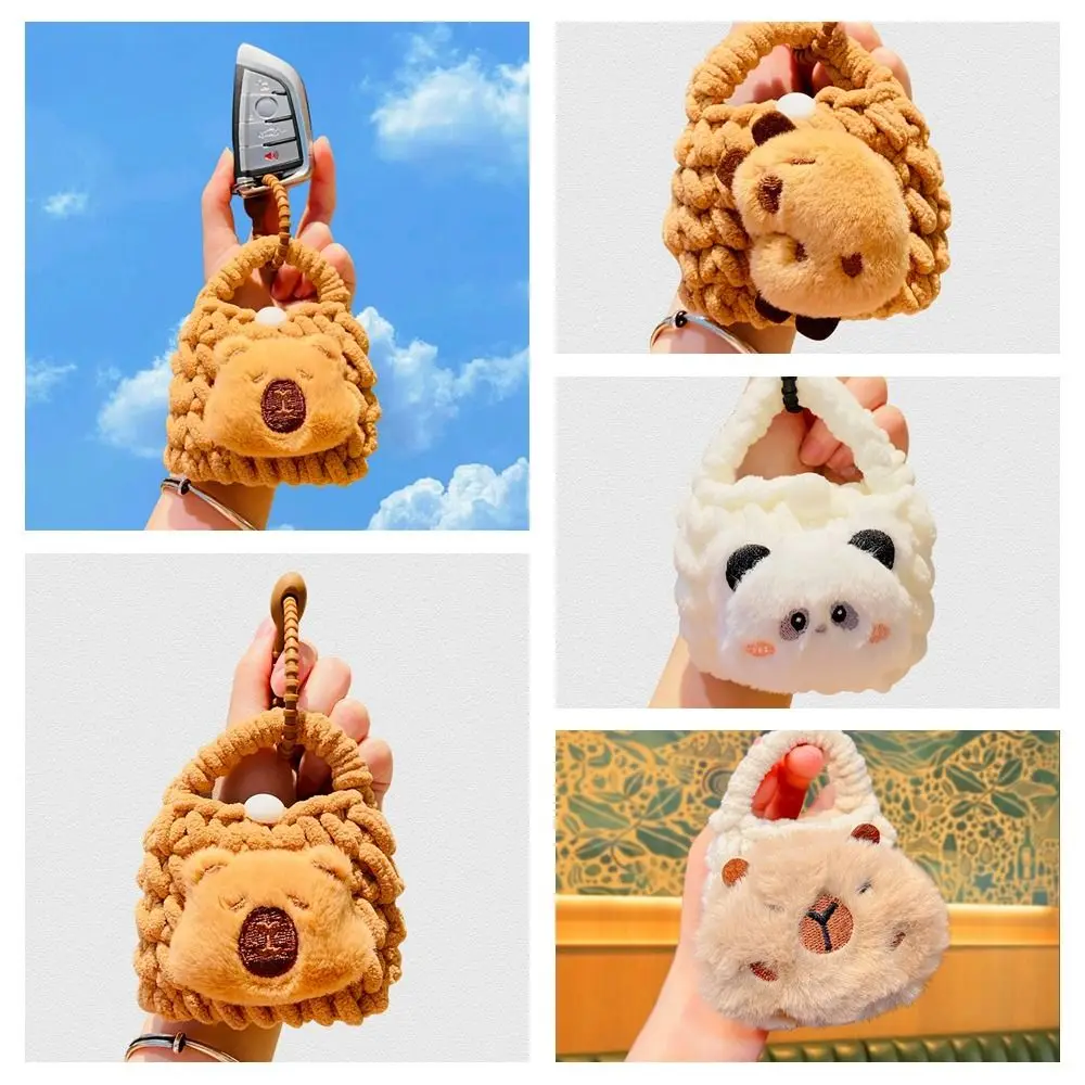 Crochet Capybara Coin Purse with Key Chain Korean Style Panda Earphone Bag Soft Storage Bag Cartoon Plush Wallet Change Pouch