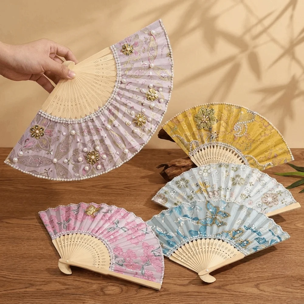 Elegant Traditional Pearl Folding Fan Portable Fabric Chinese Style Fan Butterfly DIY Craft Kit Handmade Fan Festival Present