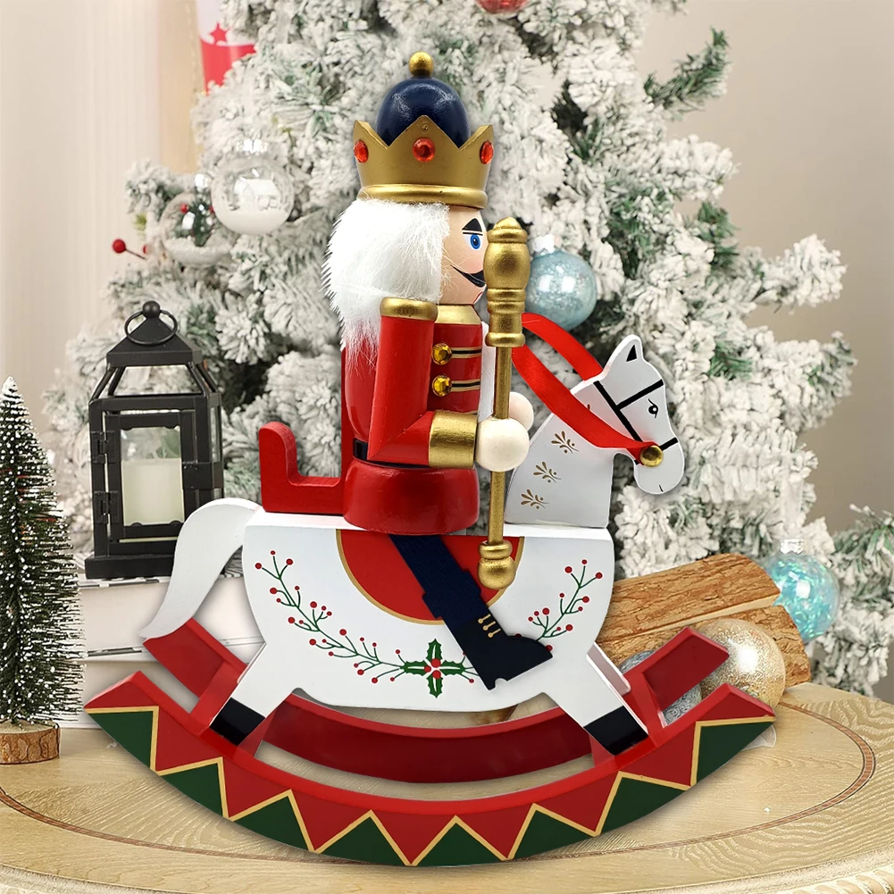 Traditional Wooden Nutcracker Rocking Horse Ornaments 12-Inch Tall Nutcracker Figure Rider Mini Doll Toys Christmas Table Decor