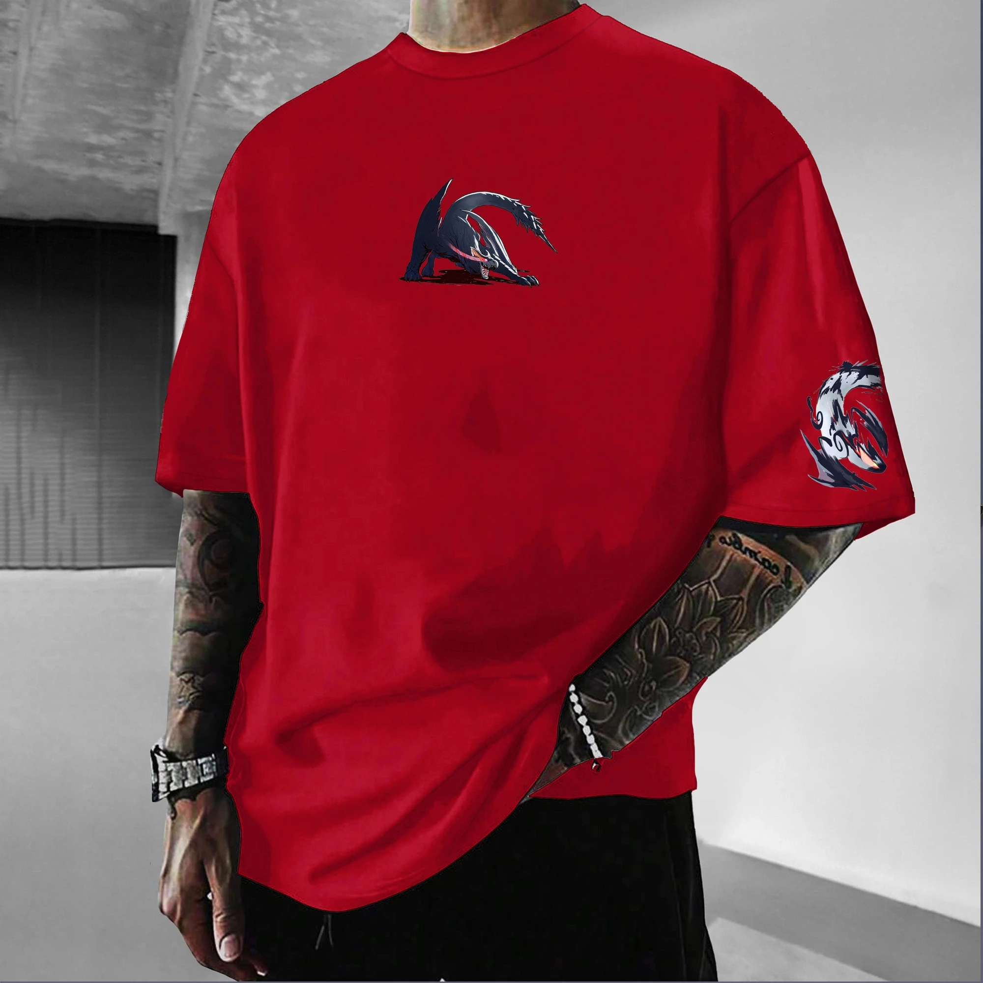 Sommer 2026 Pokemon T-Shirt aus reiner Baumwolle, dunkle Flamme, Kreatur, Rückendruck, roter Mond, schwarzes Design, für Männer und Frauen, lässige, lockere Passform