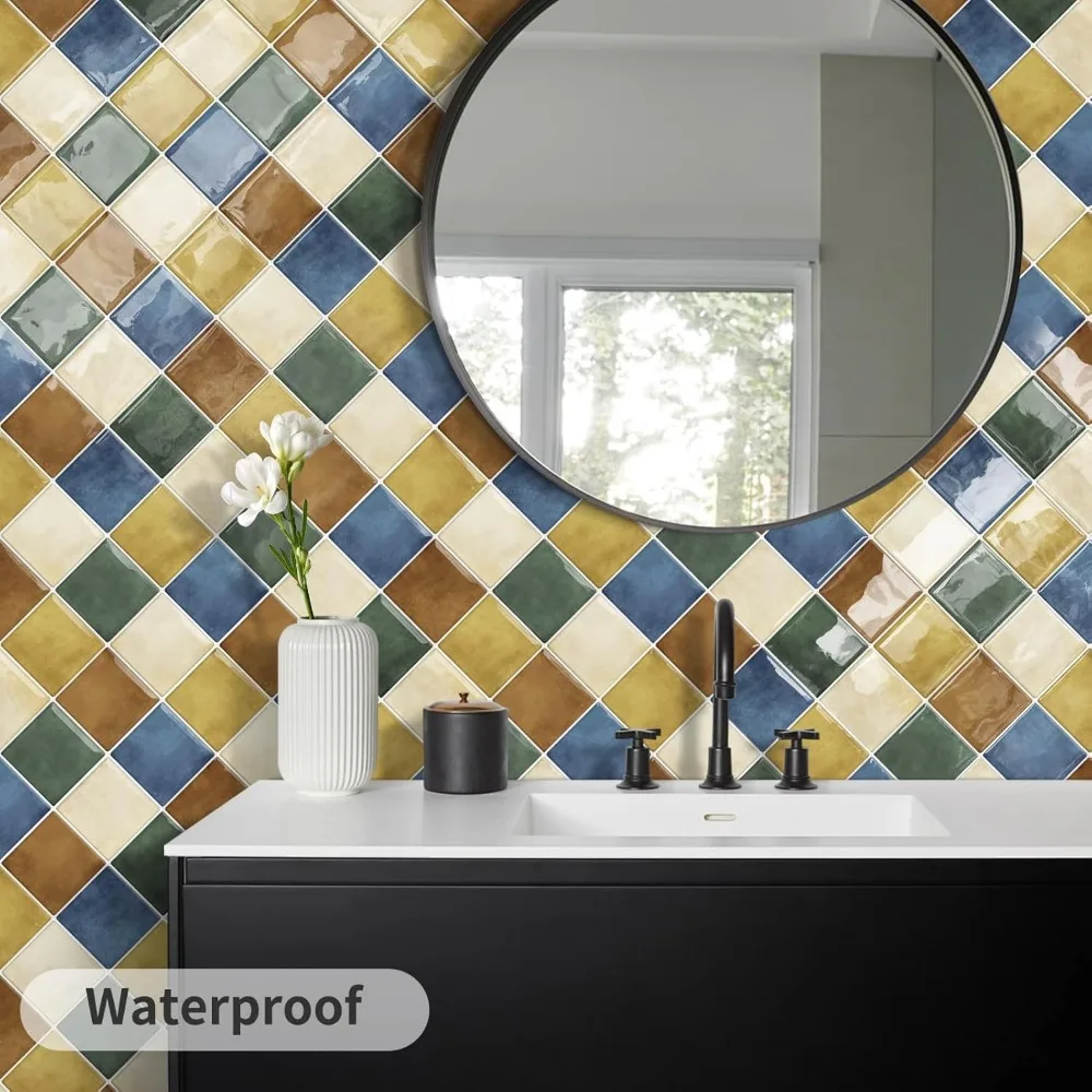 Piastrelle colorate per backsplash da cucina, bagno, quadrate, autoadesive, per piastrelle da parete, adesivi a scacchiera, multico