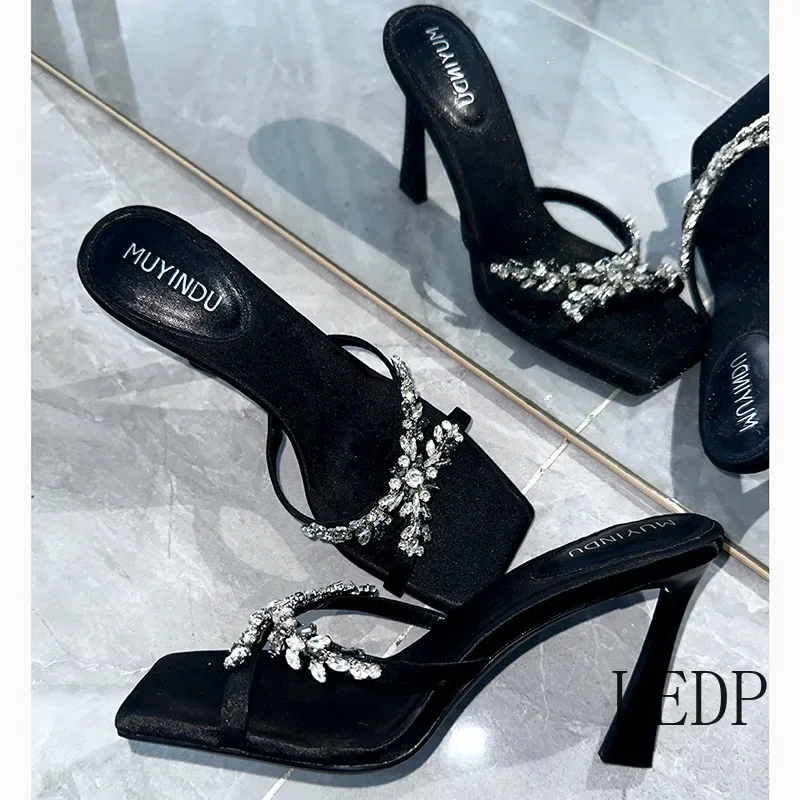 اصبع القدم مربع يتعرض مزاجه الراقية الصليب حجر الراين أحذية عالية الكعب قطعة واحدة حزام نصف الصنادل السحب #4