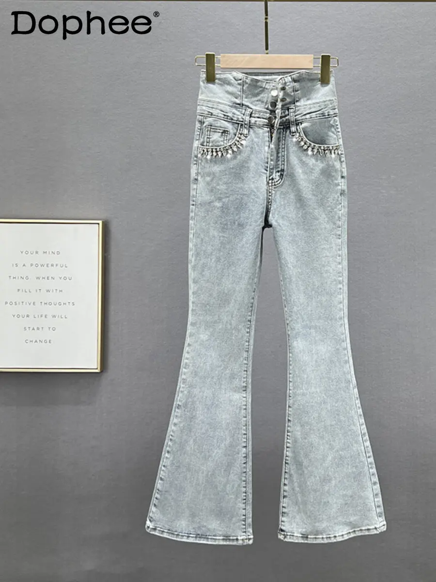 

2023 Spring and Summer Diamond-Embedded Jeans Women's Trousers Cotton Stretch High Waisted Denim Pants Slim Fit Slim Flare Pants