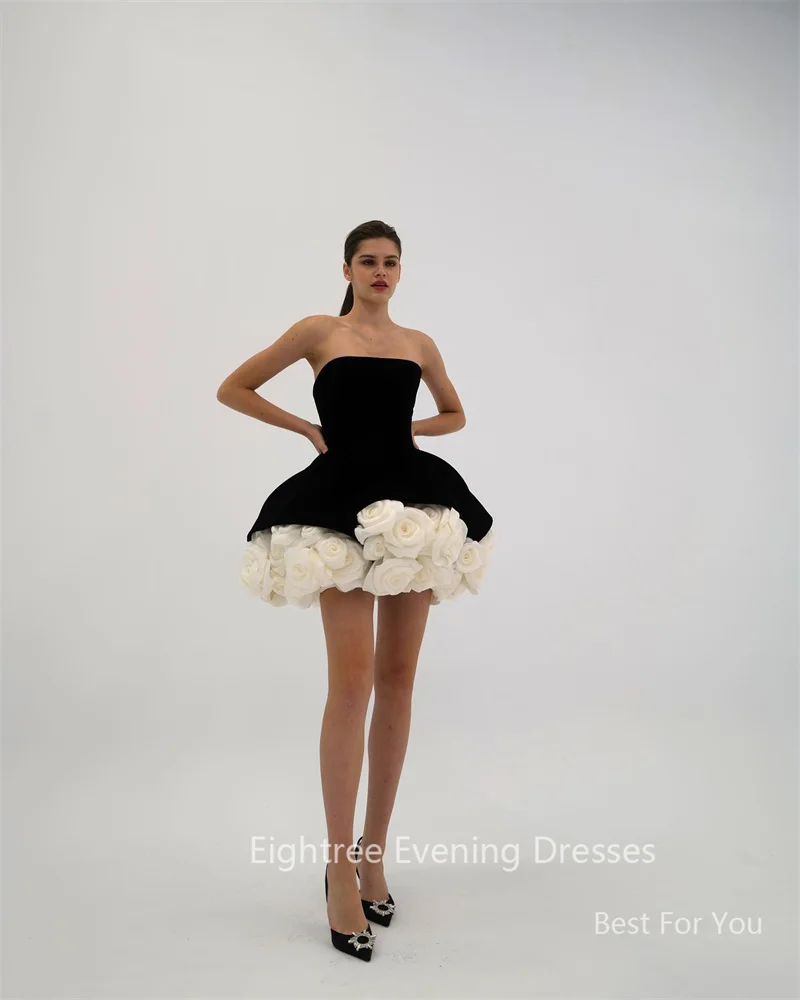 Eightree Black/White Ball Gowns Short Prom Dresses Velvet And Organza 3D Flowers Mini Tutu Fluffy Party Evening Gowns Graduation