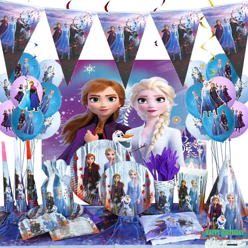 Décoration de fête d'anniversaire princesse la reine des neiges pour filles, tasse en papier, assiette, boîte à bonbons, bannière, ballon pour décoration de réception-cadeau pour bébé, cadeau