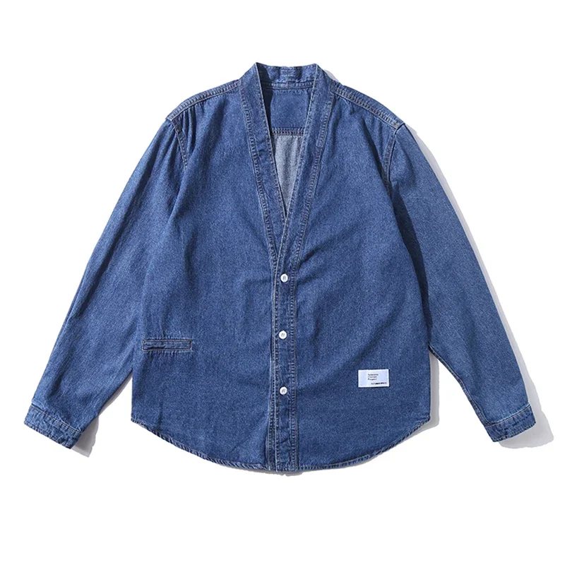 

Japan Style Harajuku Stand Collar Men Single Breasted Kimono Denim Jacket 2025 Spring Mens Loose Blue Jean Jackets