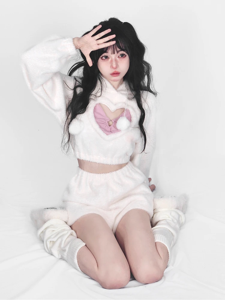 Warm White Sweet Two Piece Set Women Korean Style Kawaii Cute Short Set Female Lolita Japanese Hoodie + Short Suit Autumn 2022