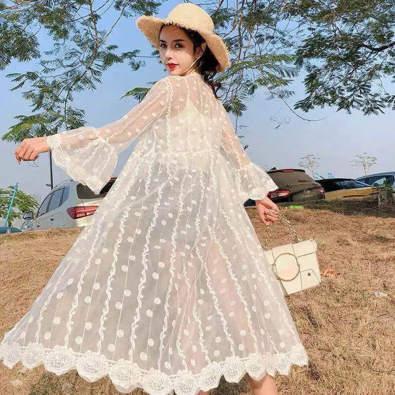 سترة صيفية جديدة من الدانتيل الشبكي للحماية من الشمس، ملابس نسائية متوسطة الطول وفضفاضة، كارديجان مفتوح للارتداء الخارجي