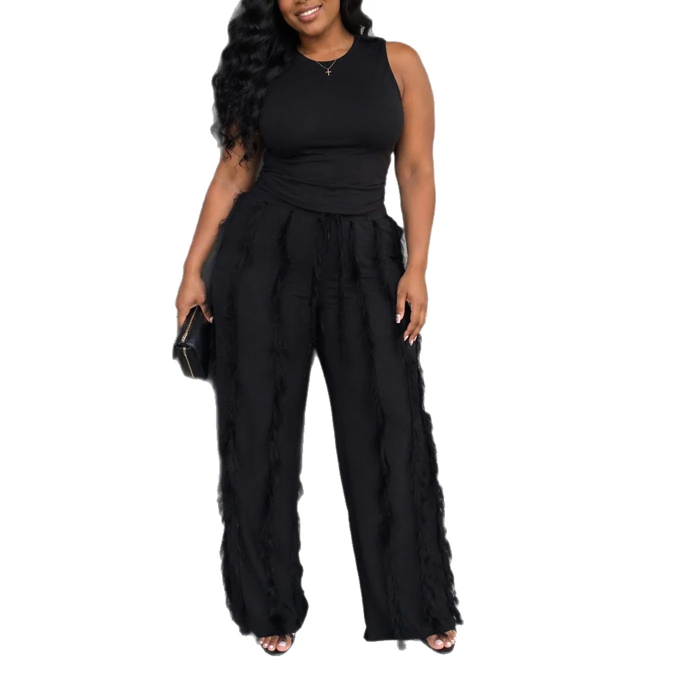Black Dashiki African Clothes for Women Summer Fashion Sleeveless Polyester 2 Piece Top Long Pant Matching Sets Africa Clothing