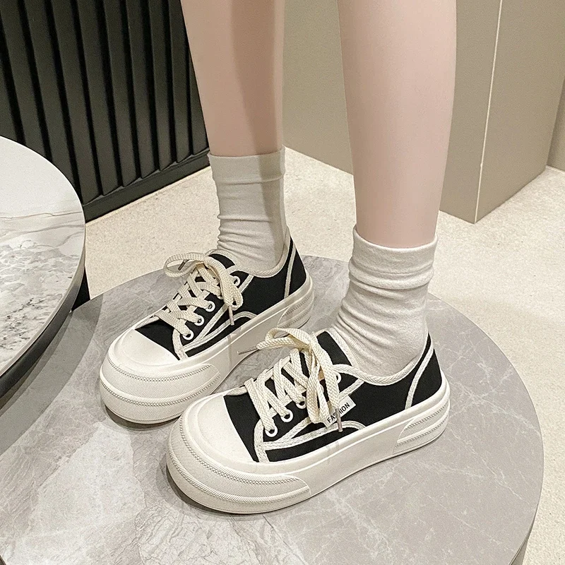 Thick soled women's shoes 2024 spring new cross tie temperament student fashion canvas shoes women's casual board shoes