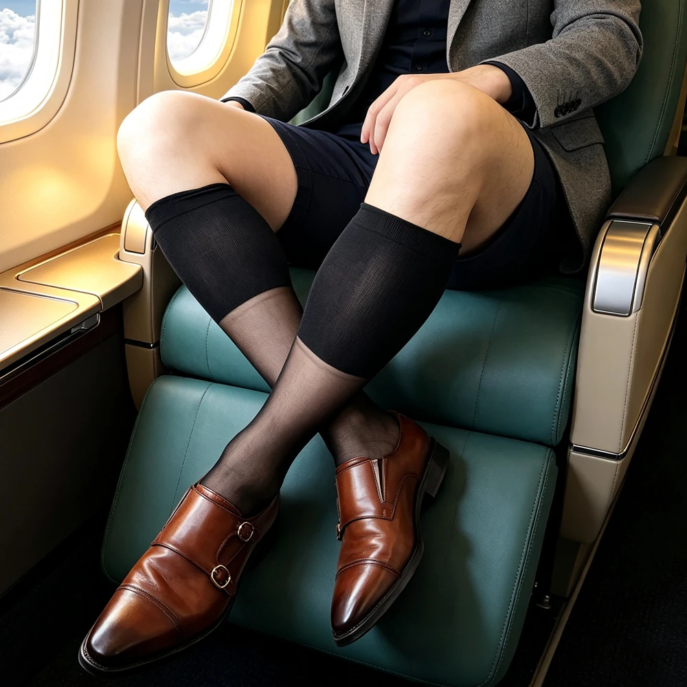 Men's Black Sheer Over The Knee Long Socks Formal Business Hosiery Elastic Top Non Slip Thin Office Travel Work Socks