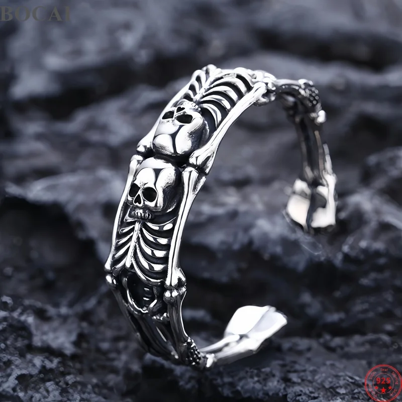 BOCAI New S925 Sterling Silver Charms Bracelets for Men Antique Skull Skeleton Fashion Punk Bangle Fine Choice Jewelry