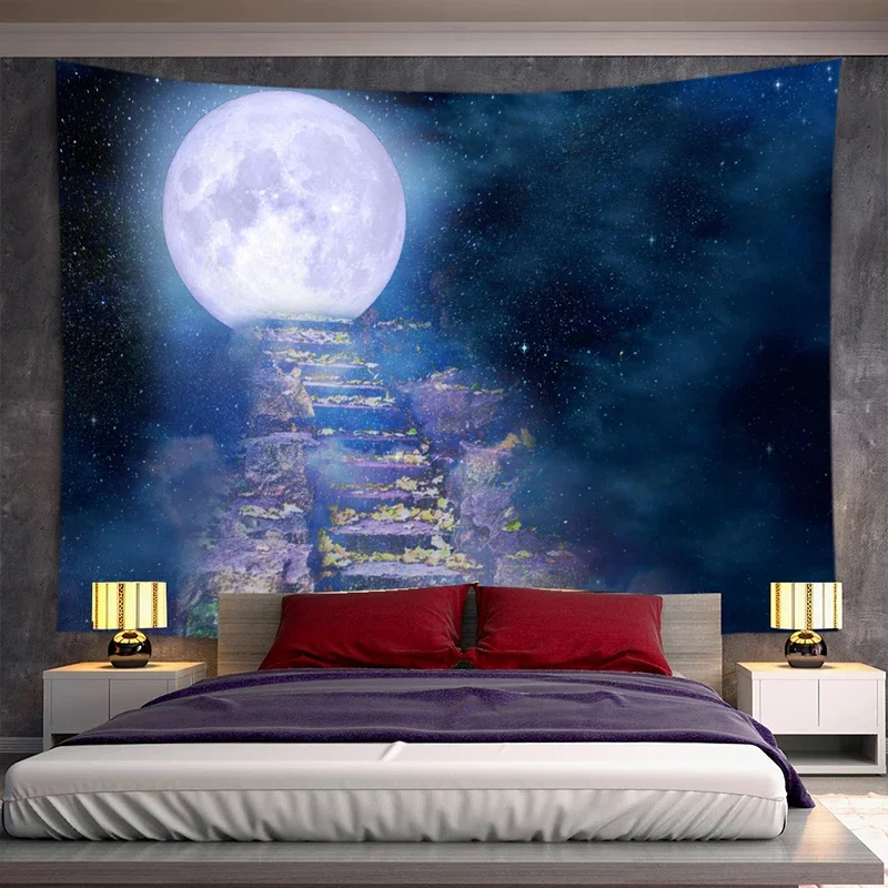 Sea Moon Tapestry for Bedroom Living Room Background Hanging Wall Cloth Natural Scenery Blue Lake Wall Tapestry Room Decor