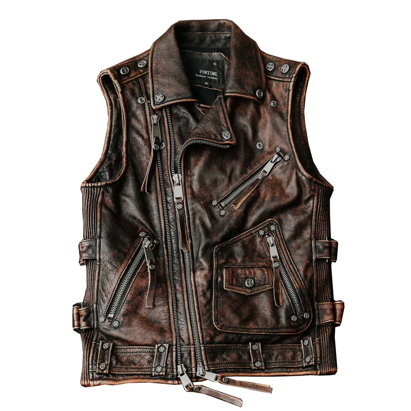 

Super Quality Cool Rider Men Cow Leather Vest Zipper Pockets Genuine Cowhide Vintage Brown Slim Fit Biker Style Natural Coat 5XL