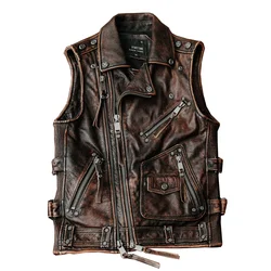Super Quality Cool Rider Men Cow Leather Vest Zipper Pockets Genuine Cowhide Vintage Brown Slim Fit Biker Style Natural Coat 5XL