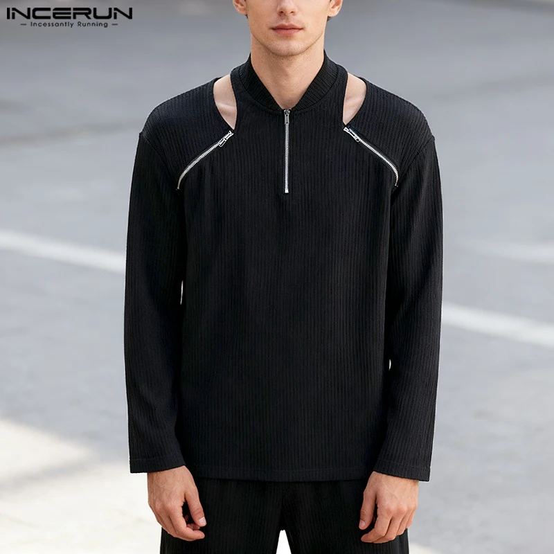 INCERUN Tops 2025, koreanischer Stil, modisch, für Herren, gestrickt, hohl, Reißverschluss, Design, T-Shirts, lässig, Streetwear, solide, langärmelige Camiseta