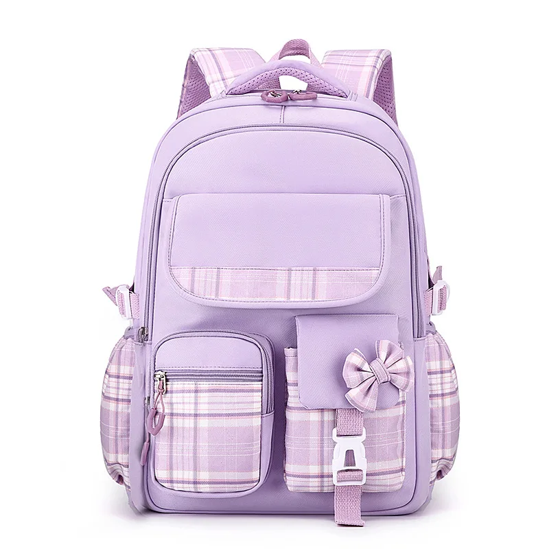 Mochila escolar con nudo de lazo para niñas, bolsa de escuela primaria para estudiantes, regalo para niños, rosa, morado