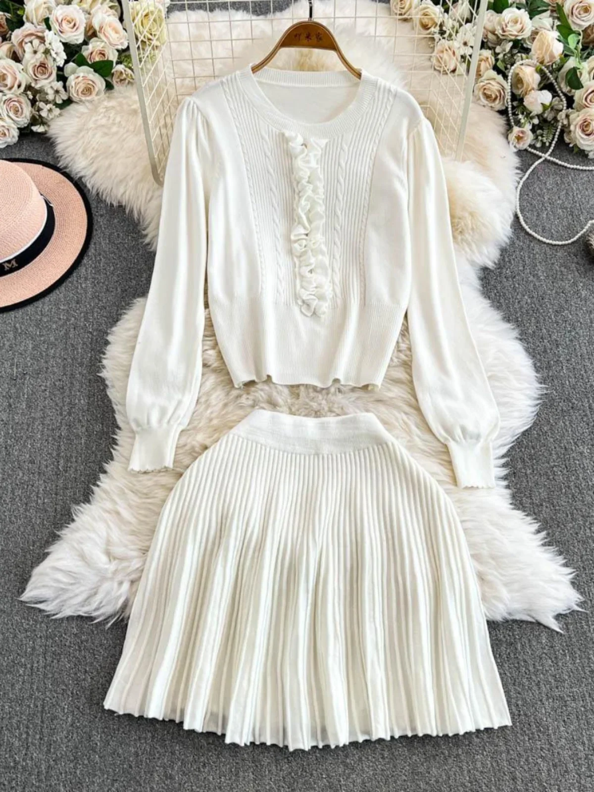 Elegant Frilled Knitted Sweater Suits Women Slim Long Sleeve Cropped Tops A-line Mini Skirt Sets 2024 Autumn Lady Outfit