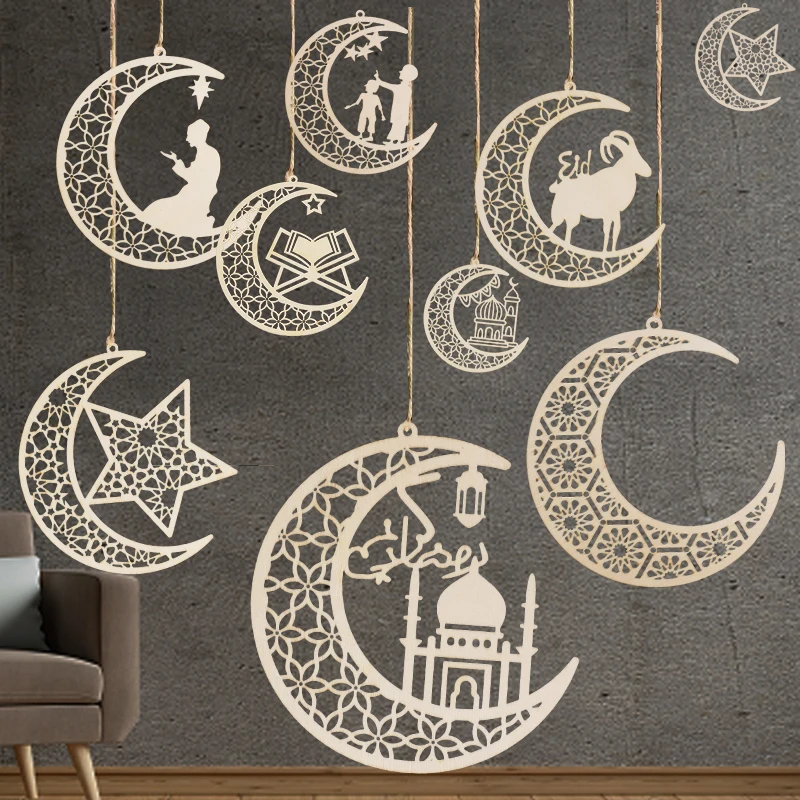 3pcs Eid Mubarak Wooden Ornament Hollow Moon Star Hanging Pendant Ramadan Kareem Decoration For Home Islamic Muslin Party Supply