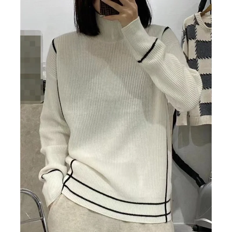 half high collar cashmere sweater women autumn winter 100 match languid lazy loose sweater knitting large-size wool base sweater