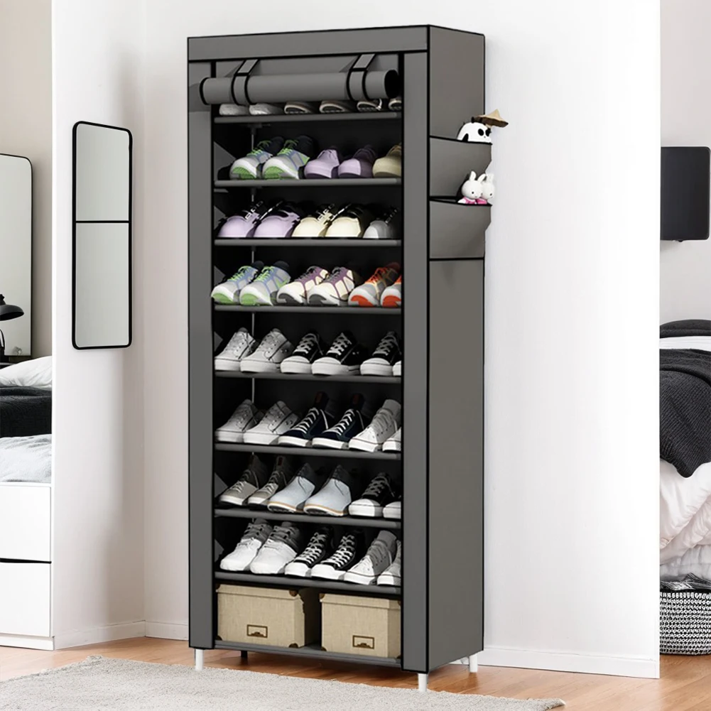 10 Layers Shoes Cabinet with Fabric Cover Dustproof Shoes Storage Rack Metal Shoe Rack for Home Dormitory Rental Housing