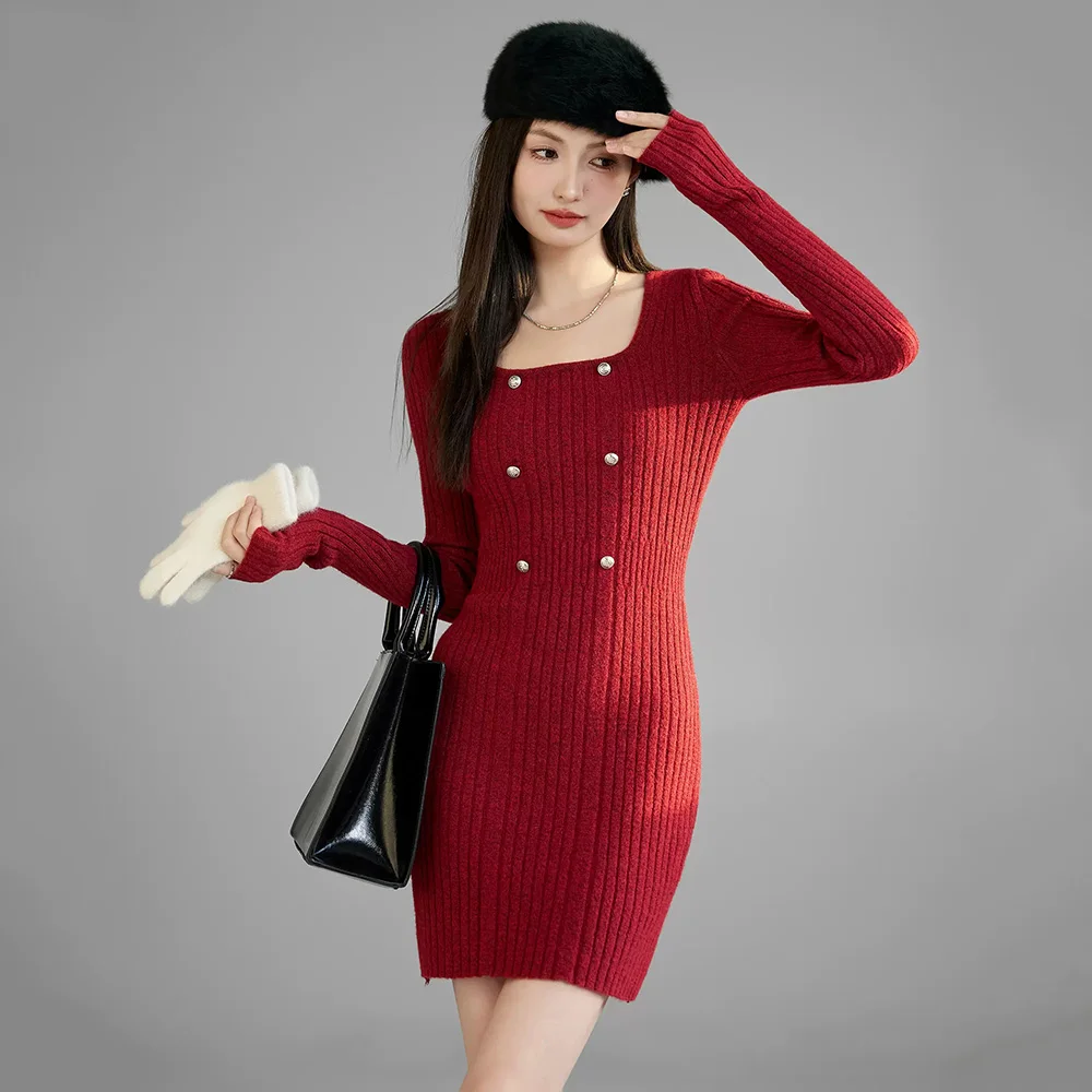 New Women Spring Red Sweater Dress Fashion U-Neck Long Sleeve Slim Knitted Pullovers Elegant Simplicity Medium Long Sweater