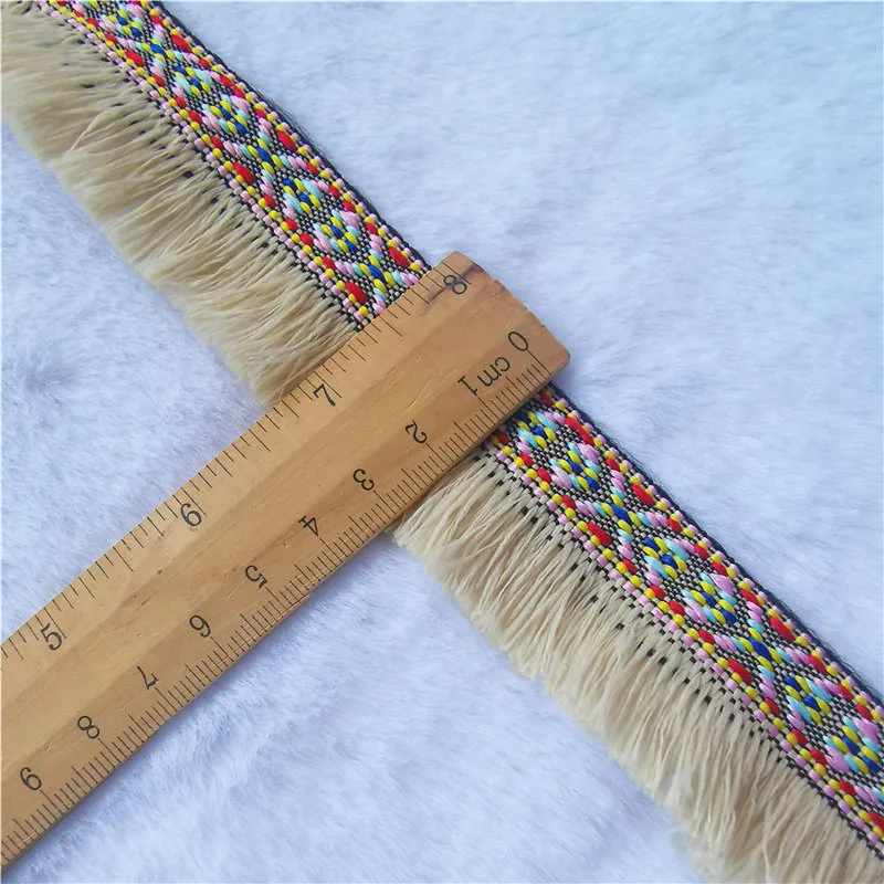 2Yards 4.3cm Cotton Tassel Lace Checkered Fringe Jacquard Webbing DIY Decorative Headdress Clothing Collar Silk Ribs Lace Ribbon