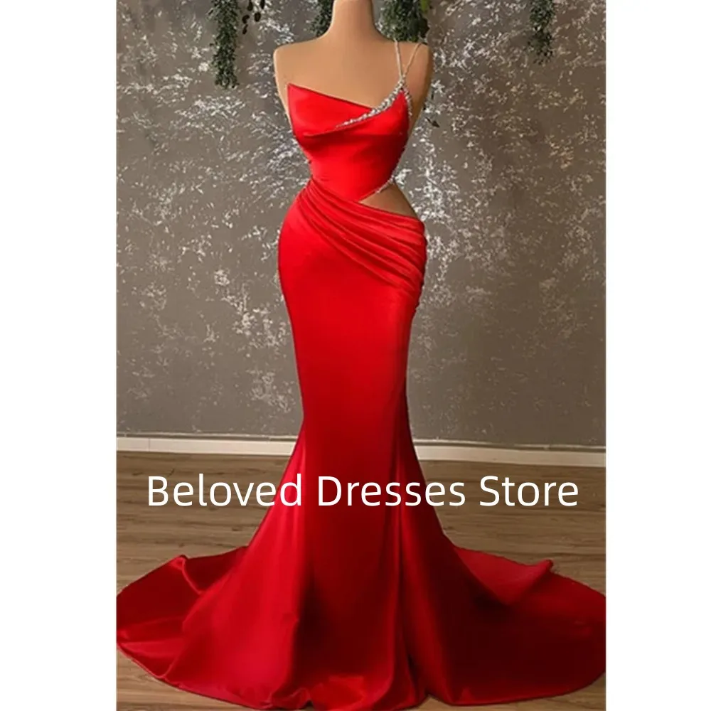 2024Red satin mermaid evening dress sexy and sweet neckline temperament slim fitting evening ball dress application sweep dress