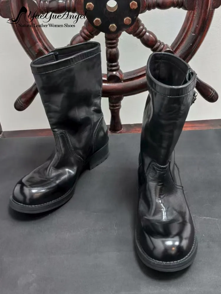 British Female Genuine Leather Round Toe Buckle Strap Chunky Heel Ankle Boots Solid Color Horsehide Hard Wearing Footwear