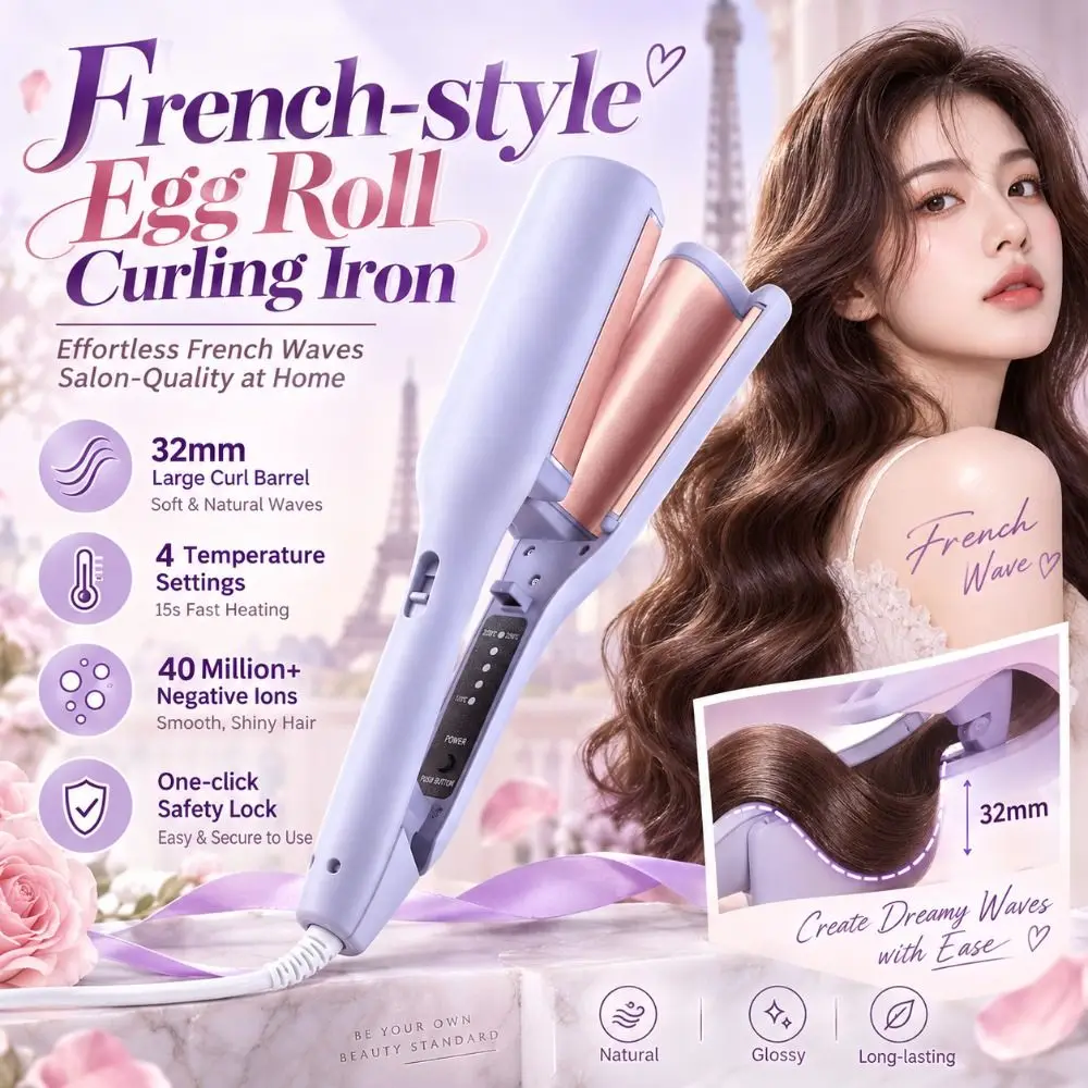 32mm French-style Egg Roll Curling Iron Clamping Portable Handle Hair Crimping Iron Negative Ion Function Purple
