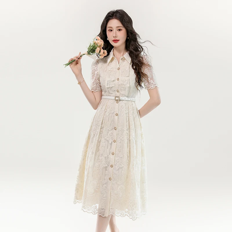 2025 خمر قصر نمط الملابس النسائية الفرنسية مأدبة المرأة الناضجة فستان بأكمام طويلة المرقعة الدانتيل فستان رسمي