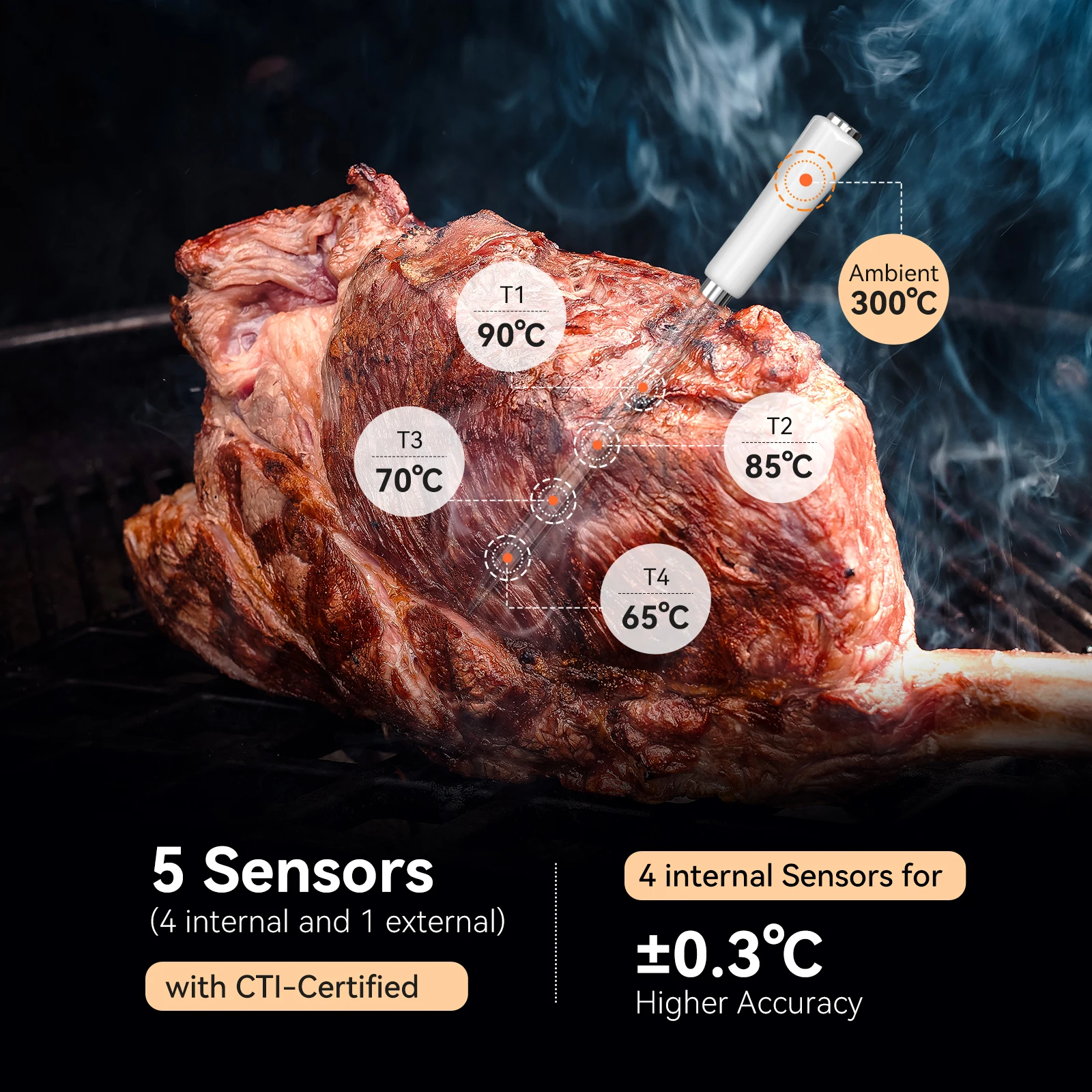 INKBIRD Wireless BBQ Thermometer Ultra Accurate Meat Thermometer with High Low Temperature Alarms for Cooking,Barbecue,Grilling