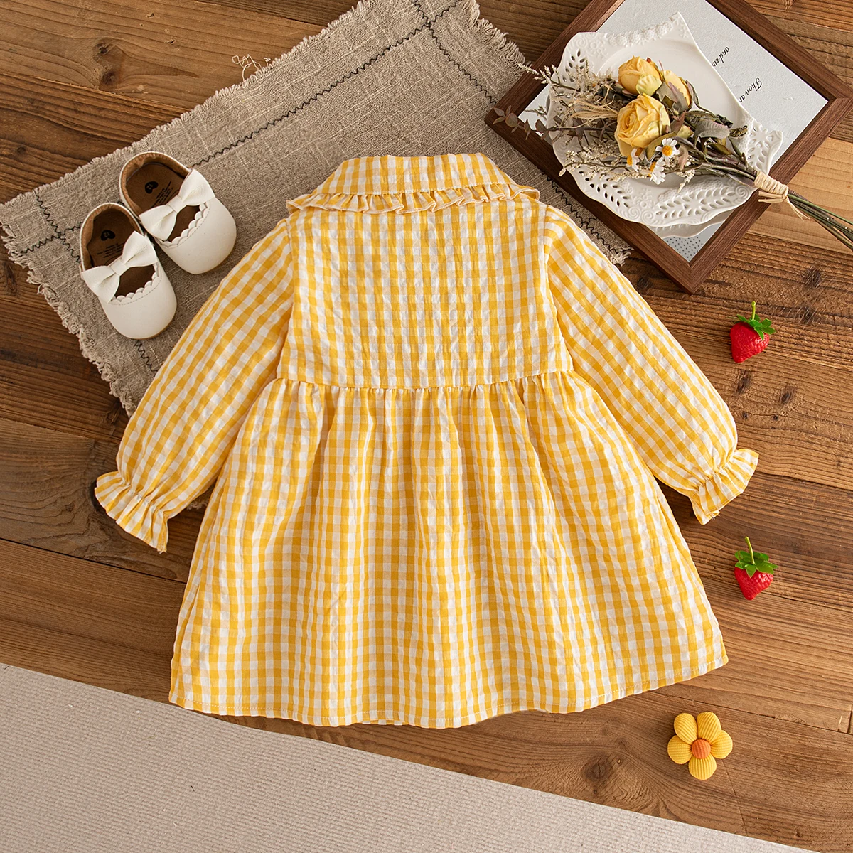 Spring/Autumn Girl Dress Doll Neck Long Sleeve Yellow Grid Rural Style Sweet Casual Girls' Daily Outing Dress 6 Months-3 Years