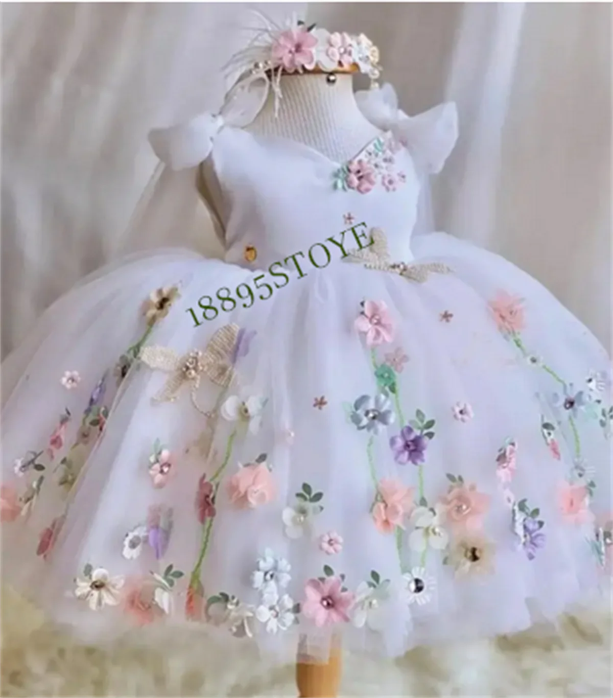 

White Flower Girl Dresses For Wedding Kids 3D Flowers Party Girls Pageant Dresses Appliqued Birthday Gown Kid Photoshoot