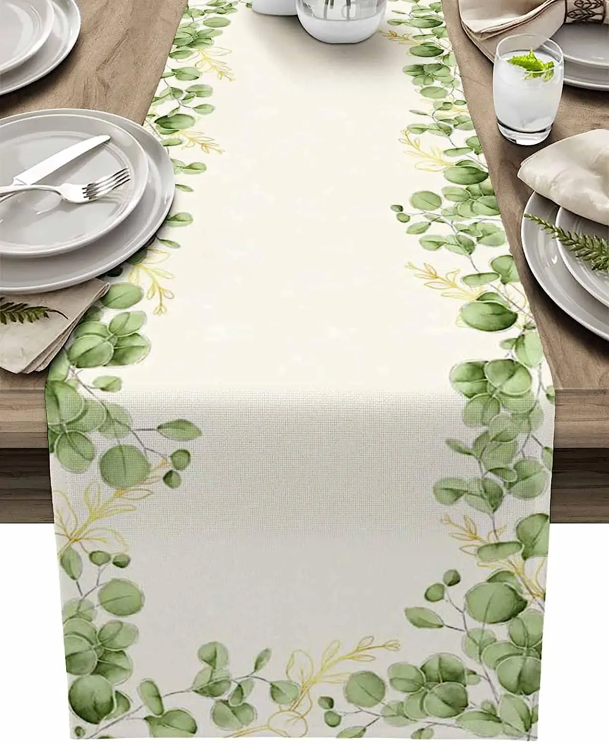 Watercolour Leaves Plant Linen Table Runner Holiday Party Decorations Washable Dining Table Runner for Wedding Kitchen Decor