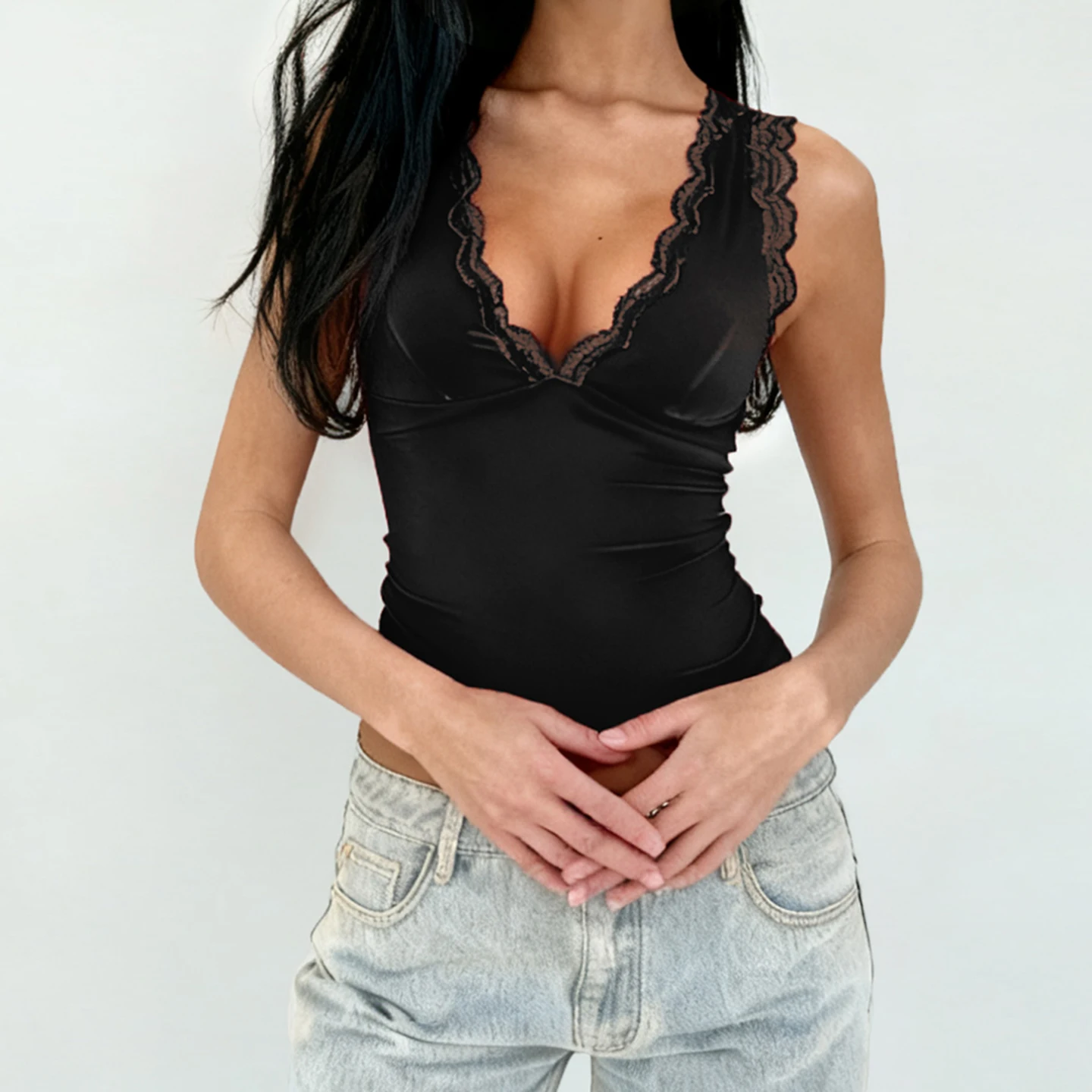 SUCHCUTE Backless Lace Patchwork Halter Tank Top Women Sexy Deep V-neck Solid Camisole Korean Sleeveless Vest Summer Clothes Y2K