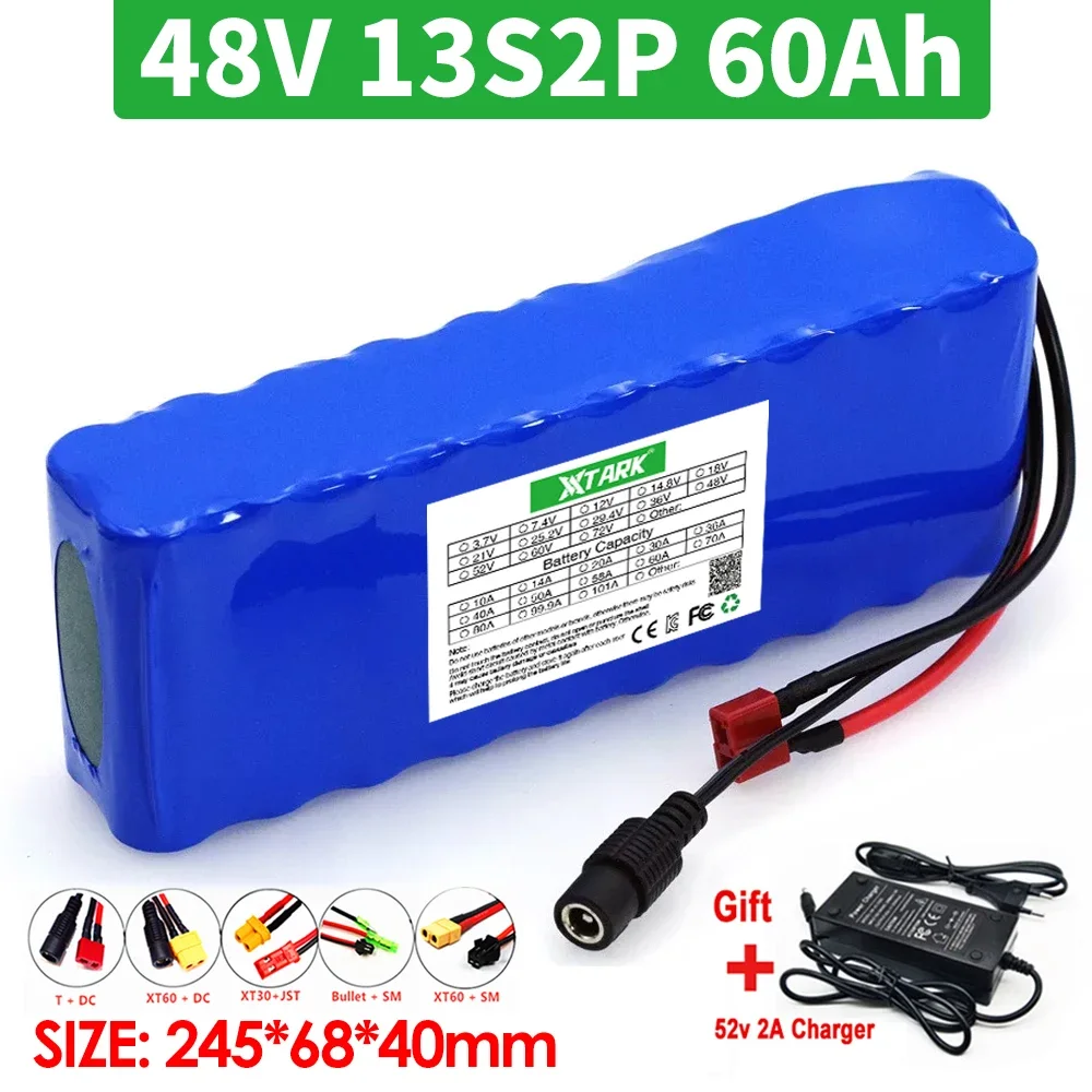 

48V 60Ah 1000w 13S2P XT60 48V Lithium ion Battery Pack 60000mah For 54.6v E-bike Electric bicycle Scooter with BMS+charger